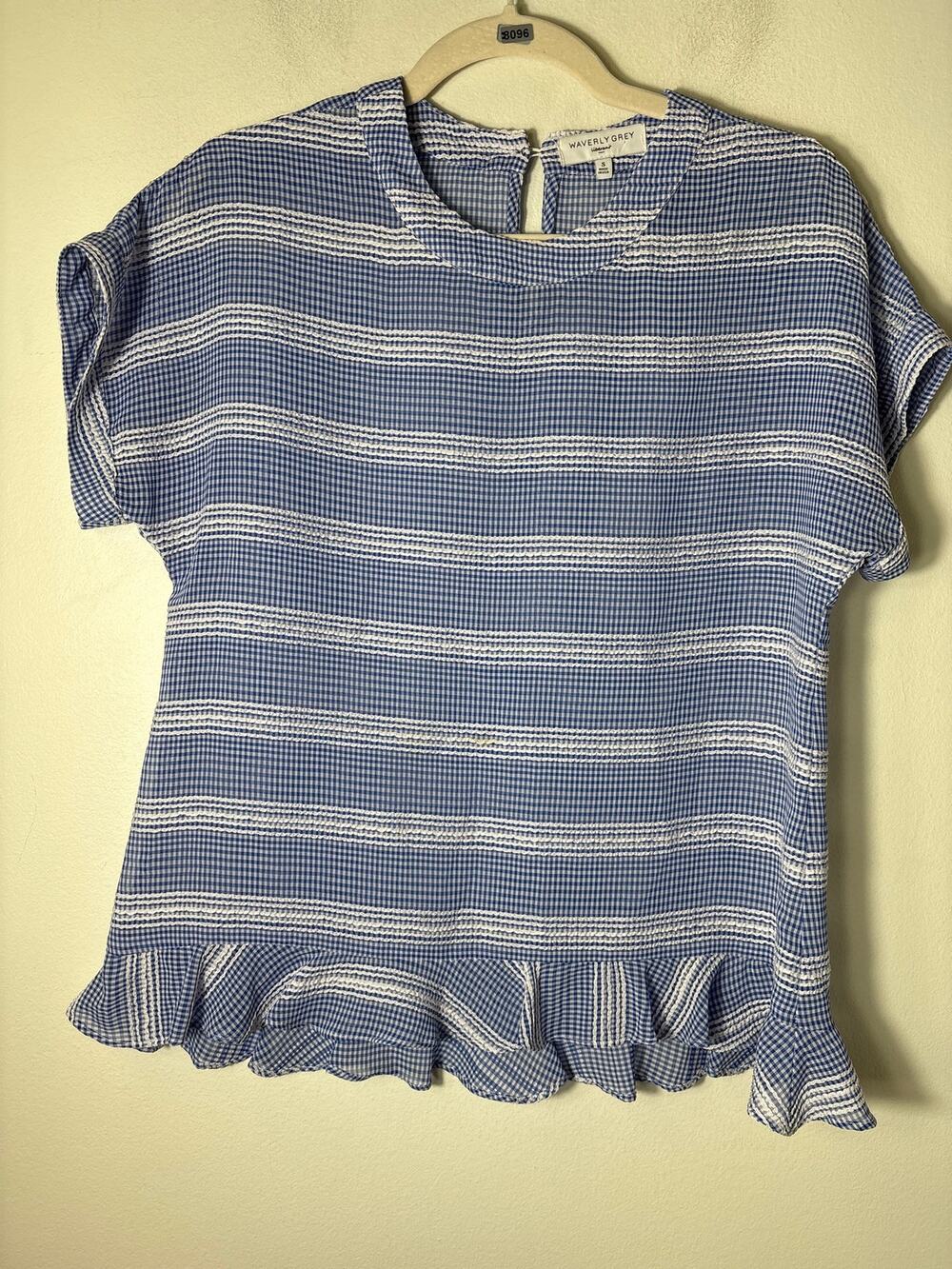 Waverly Gray Blue Gingham Sheer Cap Sleeve Shirt Sz S
